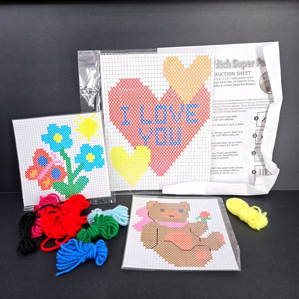 Vtg Kids Cross Stitch 3 Pack Arts &  Crafts‎ Kit Hearts Flowers Bear *No Needles